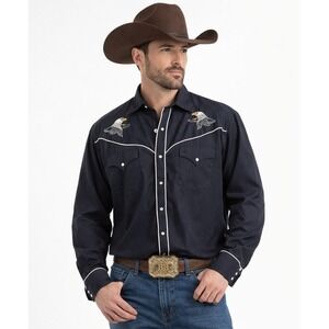 Vintage MWG Men's Black Western Cowboy Shirt Eagle Embroidery Snap Front XL TALL